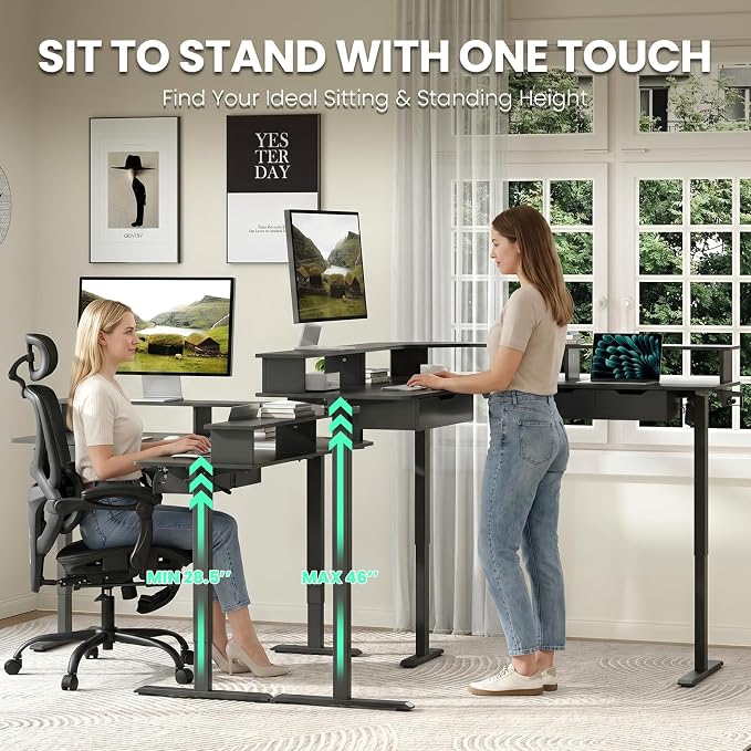 MALOL 59" L Shaped Electric Standing Desk with Drawers, Height Adjustable Desk with Power Outlets & LED Lights, Monitor Stand, Corner Computer Desk for Home Office, Black - Image 5