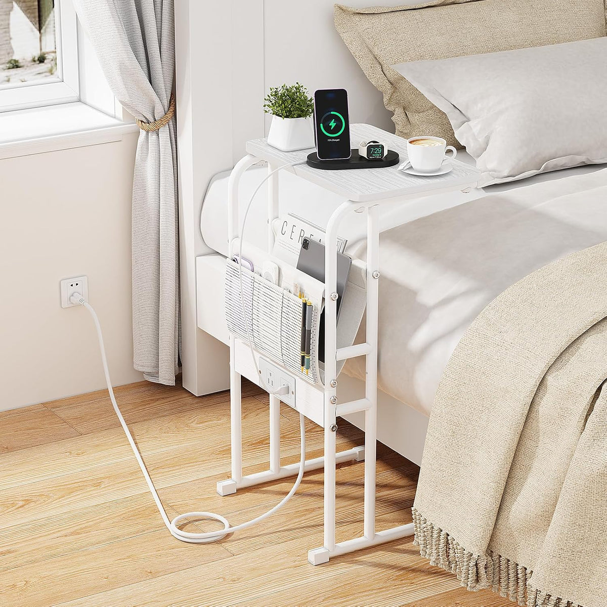 C-Shaped End Table with Charging Station and Storage Bag White - Image 7