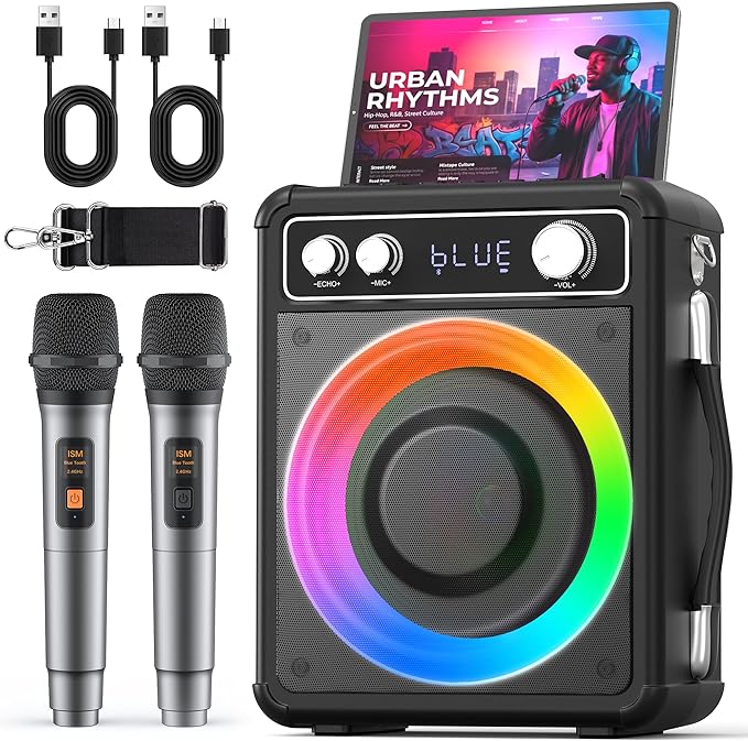 VOSOCO Karaoke Machine, Bluetooth Speaker with 2 Wireless Mics for Adults | 2026 Portable PA System with LED Light, Supports TWS Echo Adjustment TF USB AUX Inputs for Birthday Home Party Outdoor Travel by VOSOCO