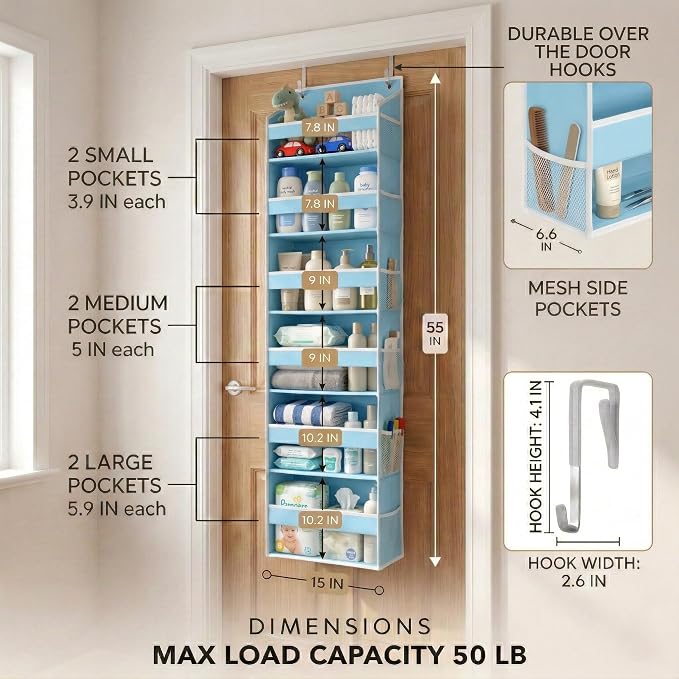 HOMELUX THEORY Over the Door Organizer, 6-Tier, 100D Fabric, Baby Blue 2pc | Over the door shoe organizer, 50 lbs capacity, 12 side mesh pockets, 100D extra thick fabric, Closet & entryway storage - Image 3