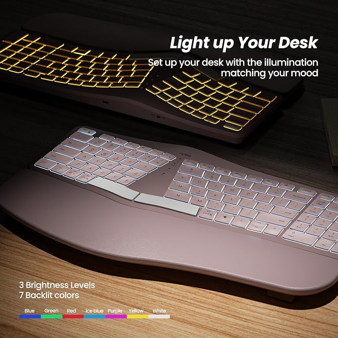 Nulea RT05 Wireless Ergonomic Keyboard, Split Keyboard with Wrist Rest, USB-C Charging, 7-Color Backlight, Natural Typing, Bluetooth and USB Connectivity, Compatible with Windows/Mac(Pink) - Image 6