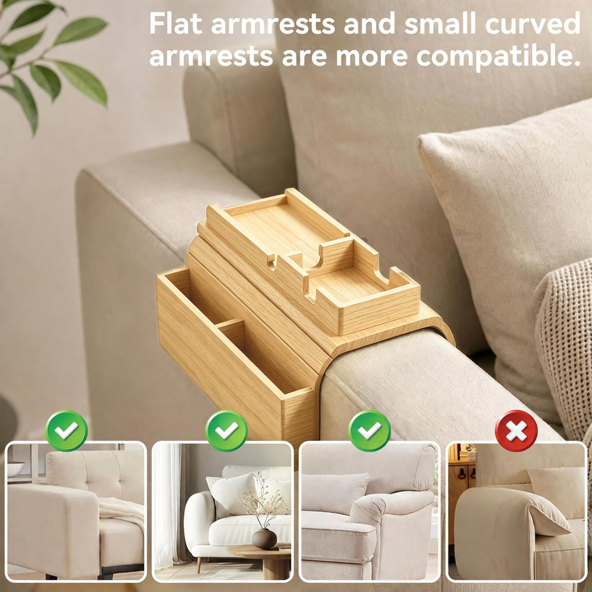 Couch Arm Tray,Foldable Sofa Caddy with Cup Holder,Natural - Image 5