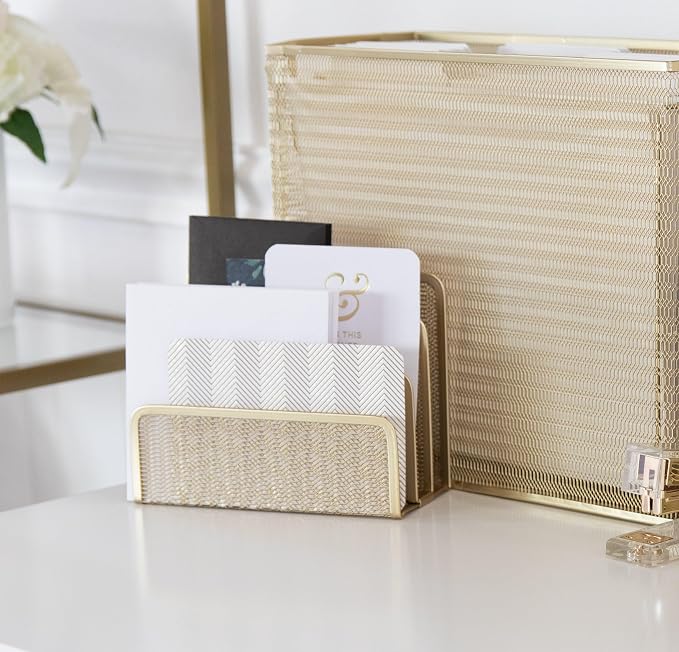 BLU MONACO | Gold Metal Mesh Mail Sorter Organizer Countertop | Paper Sorter for Desk with Three Tiers | Letter Organizer and Outgoing Mail Holder - Image 2