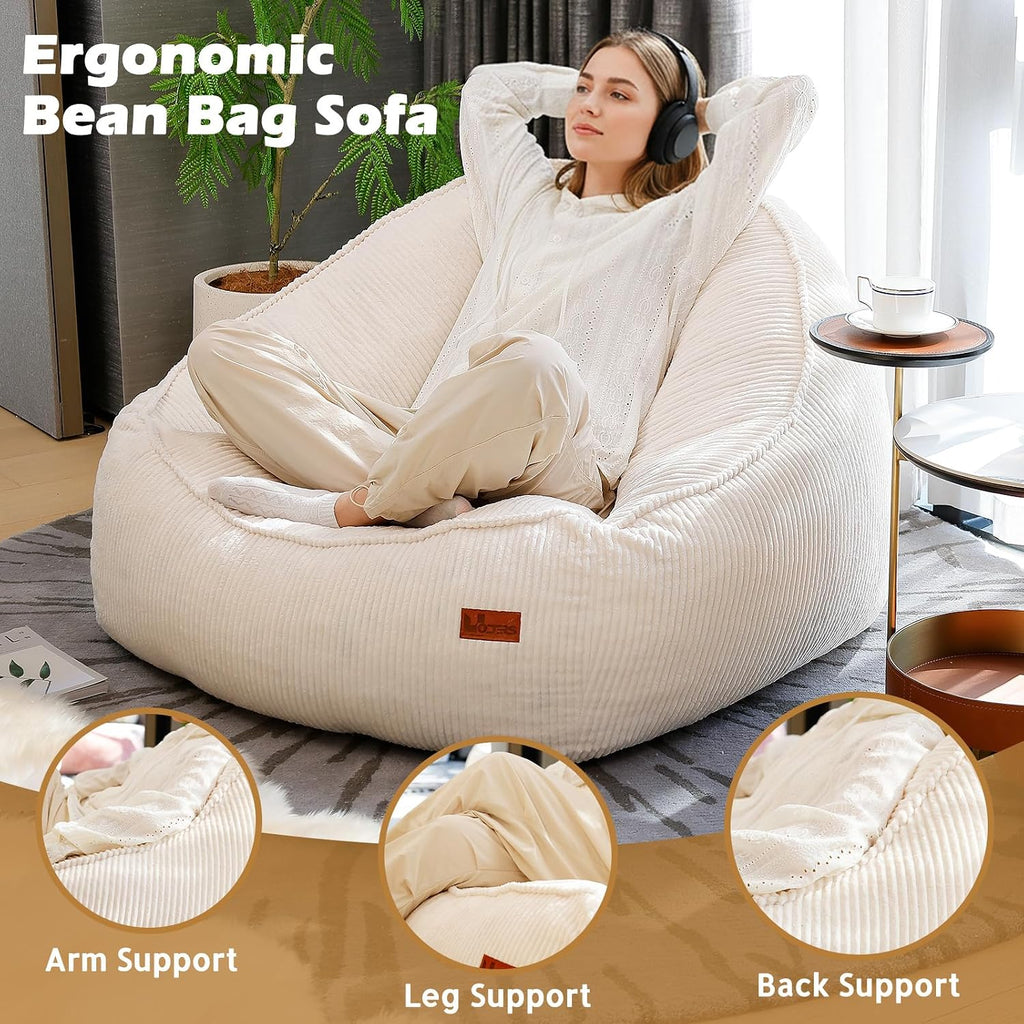 Giant Bean Bag Chair for Adults, Teens and Kids, Cozy Fluffy Corduroy Beanbag Chair with Filler, Large Floor Lounge Sofa for Living Room, Bedroom, Dorm, Gaming and Reading(L-Eggshell) - Image 3