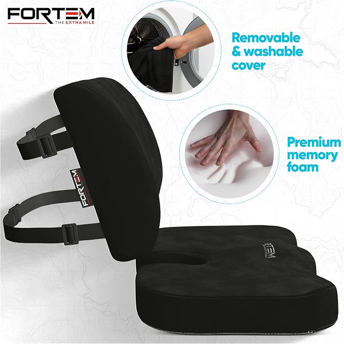 FORTEM Seat Cushion & Lumbar Support for Office Chair, Wheelchair, Car | Memory Foam | Ergonomic Design | Washable Cover | Non Slip | Black - Image 3