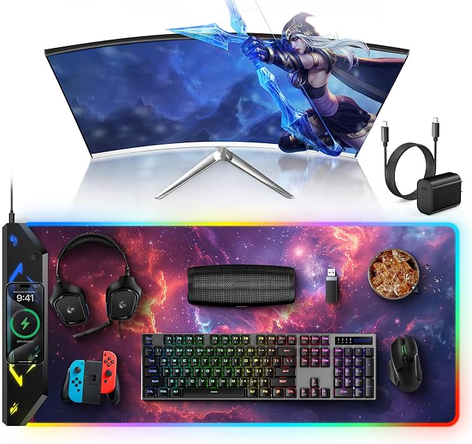 TopMade Wireless Charging Mouse Pad, RGB Gaming Mousepad, 35.4" x 15.8" Extra Large Waterproof Keyboard Desk Pad, Computer Desk Mat, Red Nebula (Includes 20W PD Power Adapter & 6.56ft Woven Cable) by TopmadeProduct-Ordernow