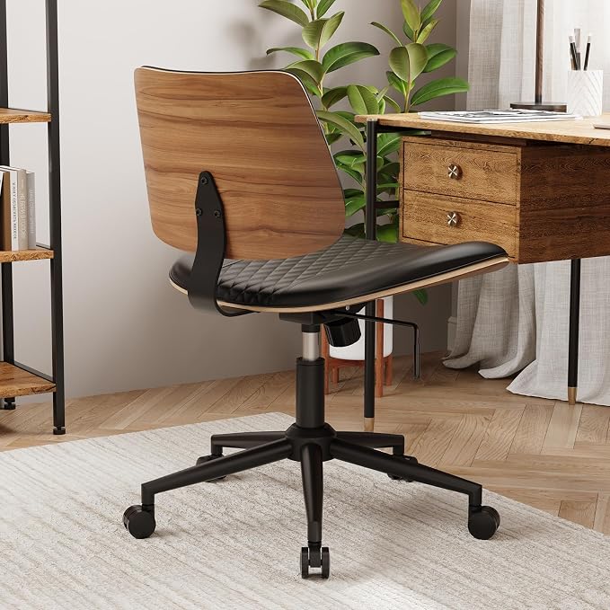 Modern Armless Office Chair with Wheels, Wide Seat Walnut, Black | Adjustable Swivel Desk Chair with Mid Back & Tilt Function, Faux PU Leather Mid Century Modern Task Office Chair, 300LBS Cap - Image 9