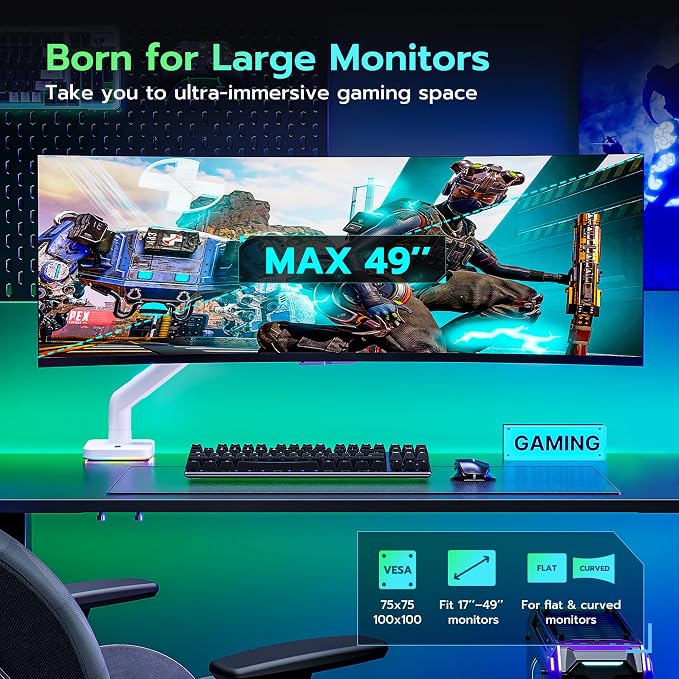 ARES WING Ultrawide Monitor arm with RGB for 17-49 Inch Screen, White | Heavy Duty Gas Spring Single Monitor Arm, Adjustable Gaming Computer Monitor Arm for Desk up to 44lbs - Image 3