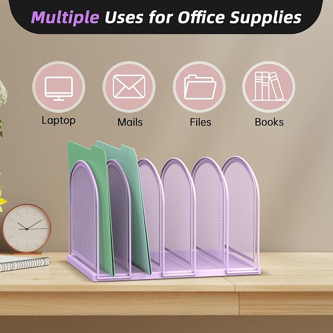 File Organizer 5-Section Mesh Desk Organizer, Upright File Organizer Desktop Organizer File Sorter, File Folder Holder for Office Supplies, Purple | 5 Vertical Compartments with Sturdy Metal Base for Office Documents Books Magazines and Laptop - Image 6