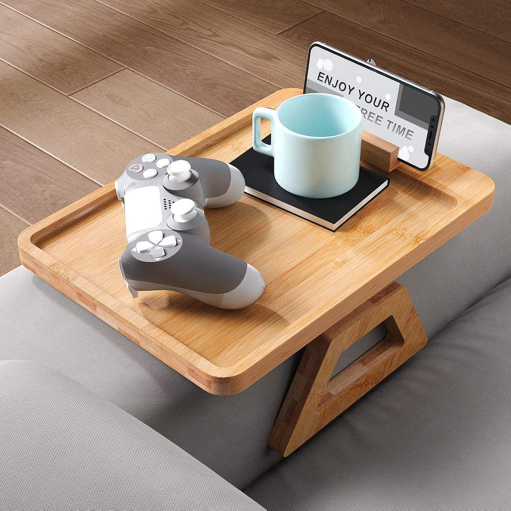 Couch Arm Tray with 360°Phone,Bamboo Folding Sofa Tray,Sofa Armrest Trays Clip-On Couch Desk for Drinks,Snacks,Phone,Remote Control（Natural） - Image 3