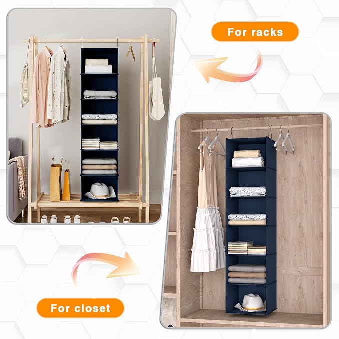 Hanging Closet Organizer 6-Shelf, Oxford Fabric Wardrobe Storage, Navy Blue | Easy-mount foldable design holds clothes, handbags, shoes & accessories; washable Oxford fabric, sturdy and space-saving. - Image 5