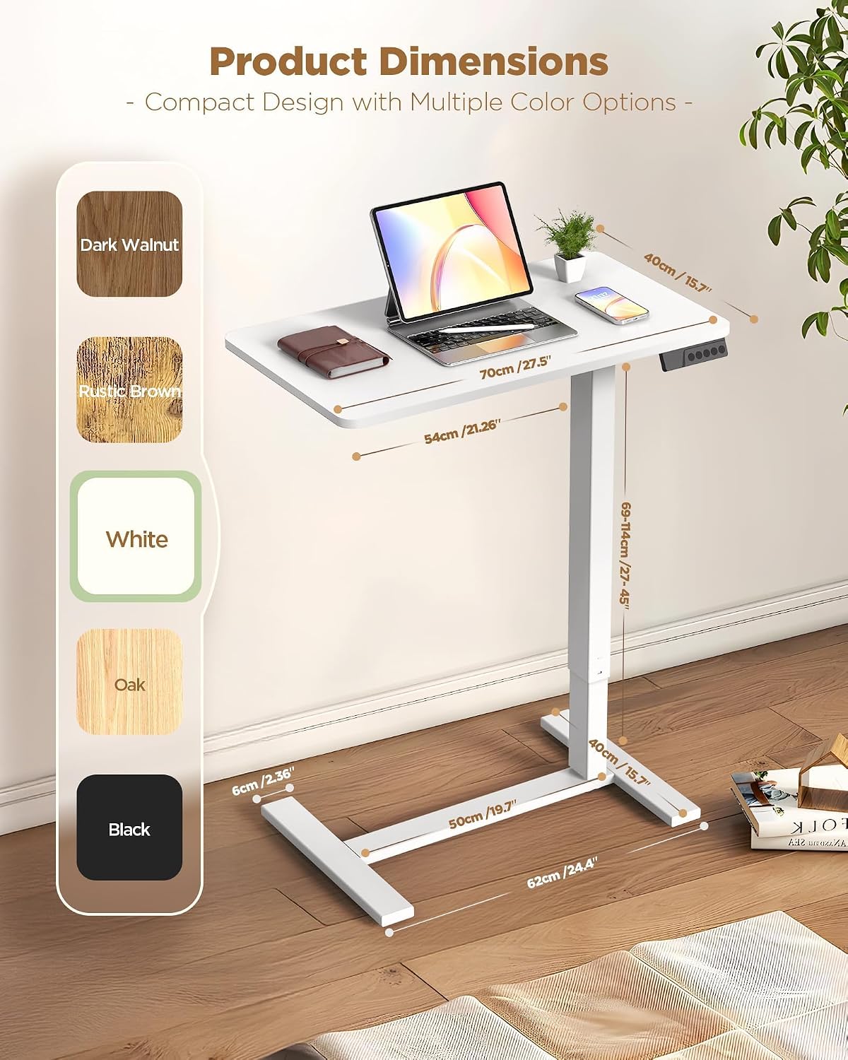 28"x 16" Electric Overbed Table, Rolling Laptop Desk for Bed, White - Image 3