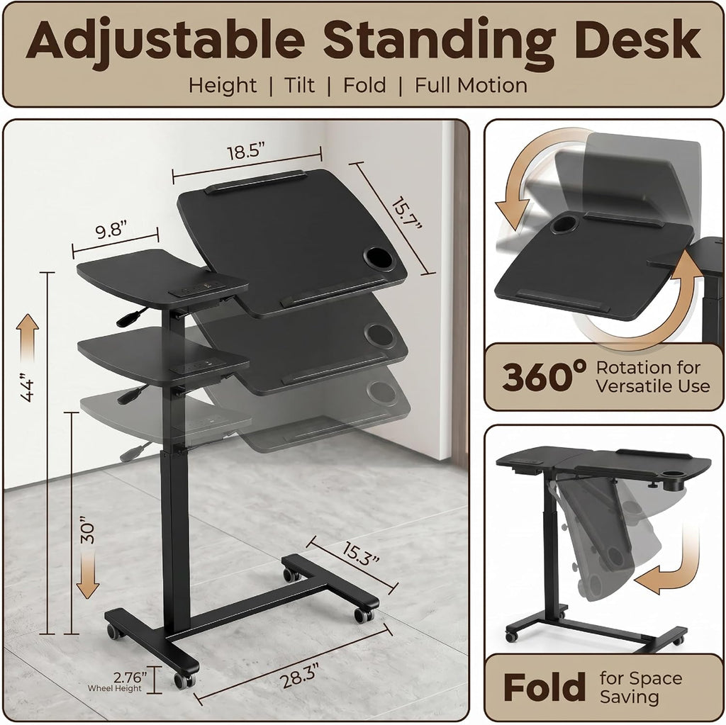 Overbed Table with Wheels Adjustable Height, Foldable Over Bed with 360° Swivel Tilt, Charging Station, LED Light, Rolling Bedside for Hospital, Couch Home & Office (Black) - Image 2