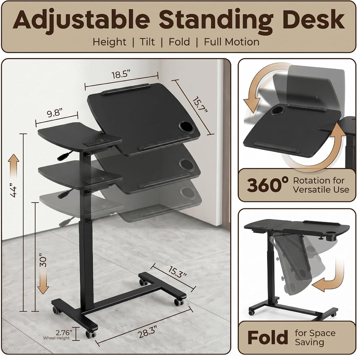 Overbed Table with Wheels Adjustable Height, Foldable Over Bed with 360° Swivel Tilt, Charging Station, LED Light, Rolling Bedside for Hospital, Couch Home & Office (Black) - Image 2