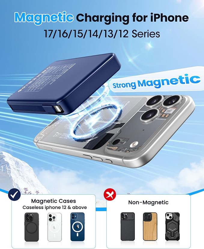 Magnetic Portable Charger 10000mAh Built in Cable for Magsafe Power Bank | Fast Charging 22.5W ExternalBattery Pack Compatible with iPhone 17/16/15/14/13/12 Pro/Pro Max, Samsung Blue - Image 3