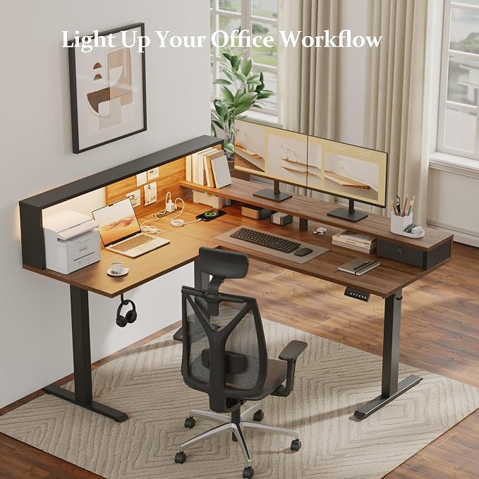 Klicelor L Shaped Electric Standing Desk 63 x 55 inch with Shelf, Height Adjustable Corner Desk, Sit Stand Desk with Storage Shelf, Home Office Computer Table, Light Dark Walnut - Image 3