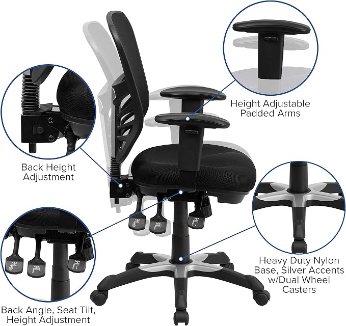 Flash Furniture Nicholas Mid-Back Black Mesh Multifunction Executive Swivel Ergonomic Office Chair with Adjustable Arms, Set of 4 - Image 5