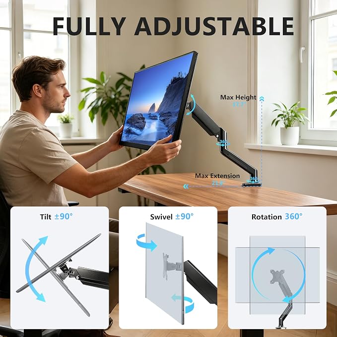 Single Monitor Arm, Fully Adjustable Monitor Mount Fits 13-32 Inch Flat/Curved Screens, Gas Spring Monitor Desk Mount with Clamp & Grommet Base, VESA 75x75/100x100mm, Holds Up to 19.8 lbs - Image 3