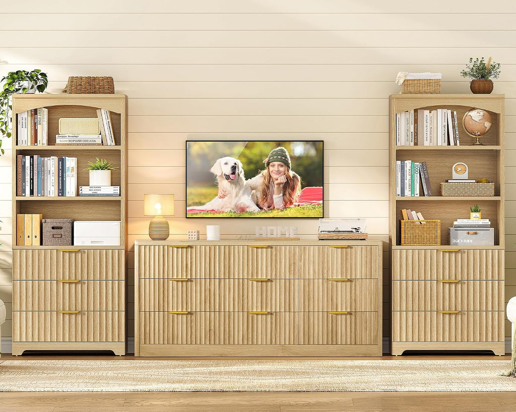 63.3" Tall Bookshelf, Bookshelves and Bookcases with Drawers, Arched Design Bookcase with Storage Cabinet, Natural Wood Grain Wave Pattern Storage Shelves for Living Room, Bedroom,Office - Image 3