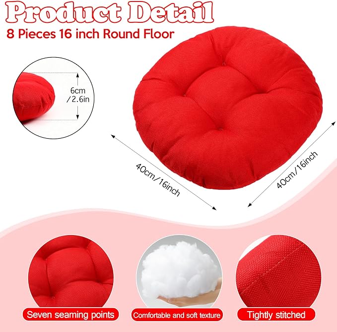 Fumete 8 Pcs Round Floor Cushions for Classroom Kids,Red | 16 Inch Diameter, Students Flexible Seating Pillows, Home Daycare School Reading Yoga Meditation, Soft Cushioned - Image 2