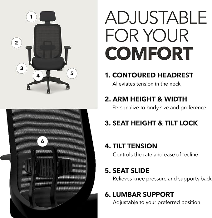 HON Altern Ergonomic Office Chair, Office Desk Computer Chair, Black | Mesh desk chair with lumbar support, headrest, seat slide, adjustable arms, computer chair for home office productivity - Image 4