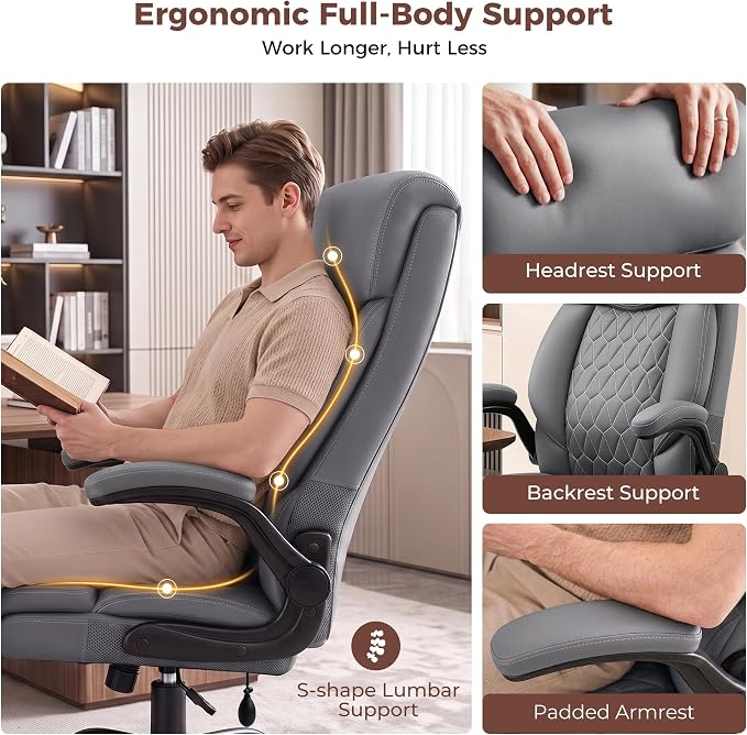 Ergonomic Office Chair with Lumbar Support, Executive Leather Computer Desk Chair with Flip Up Arms & Rocking Function, High Back Big and Tall Comfortable Gaming Chair for Home Office - Image 4