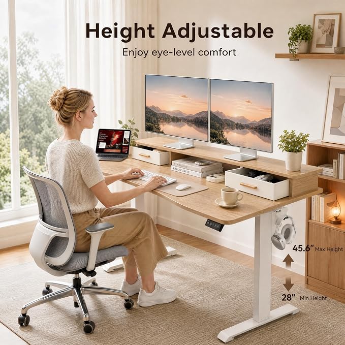 Grandder Electric Standing Desk with Two Drawers, Curved Sit to Stand Up Height Adjustable Desk with Storage Shelf for Home Office, 55 * 26 Inch, Study, Ergonomic Adjustable Computer Desk, Oak - Image 5