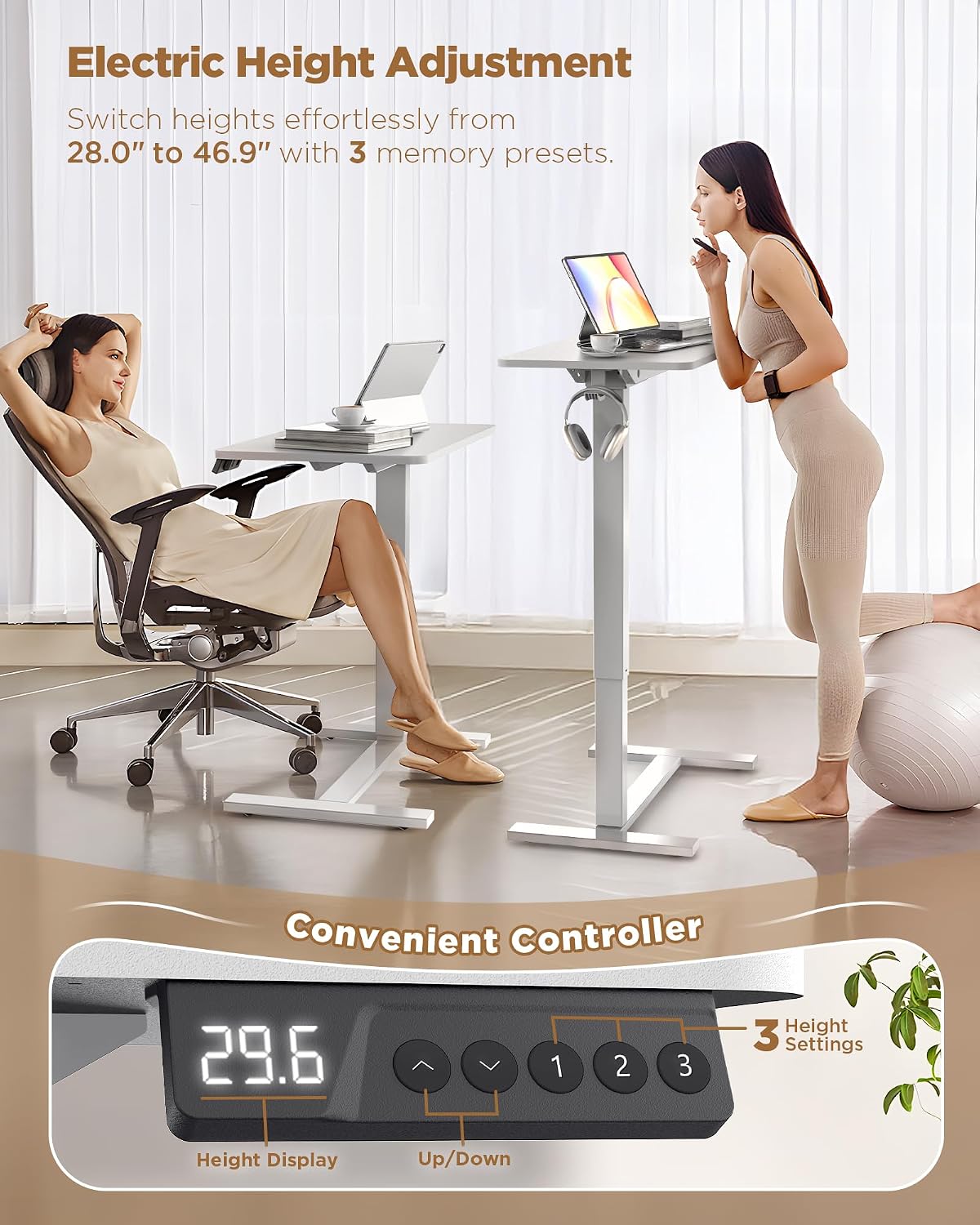 28"x 16" Electric Overbed Table, Rolling Laptop Desk for Bed, White - Image 4