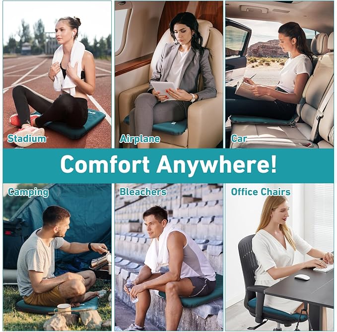 Inflatable Seat Cushion, 2 Pack Self Inflating Memory Foam Portable Stadium Seat Cushions for Bleachers Lightweight Camping Comfort Airplane Cushion for Long Flights Outdoor Events (2 Pack Blue) | Airplane Bleacher Seat Cushion Comfortable & Portable B... - Image 8