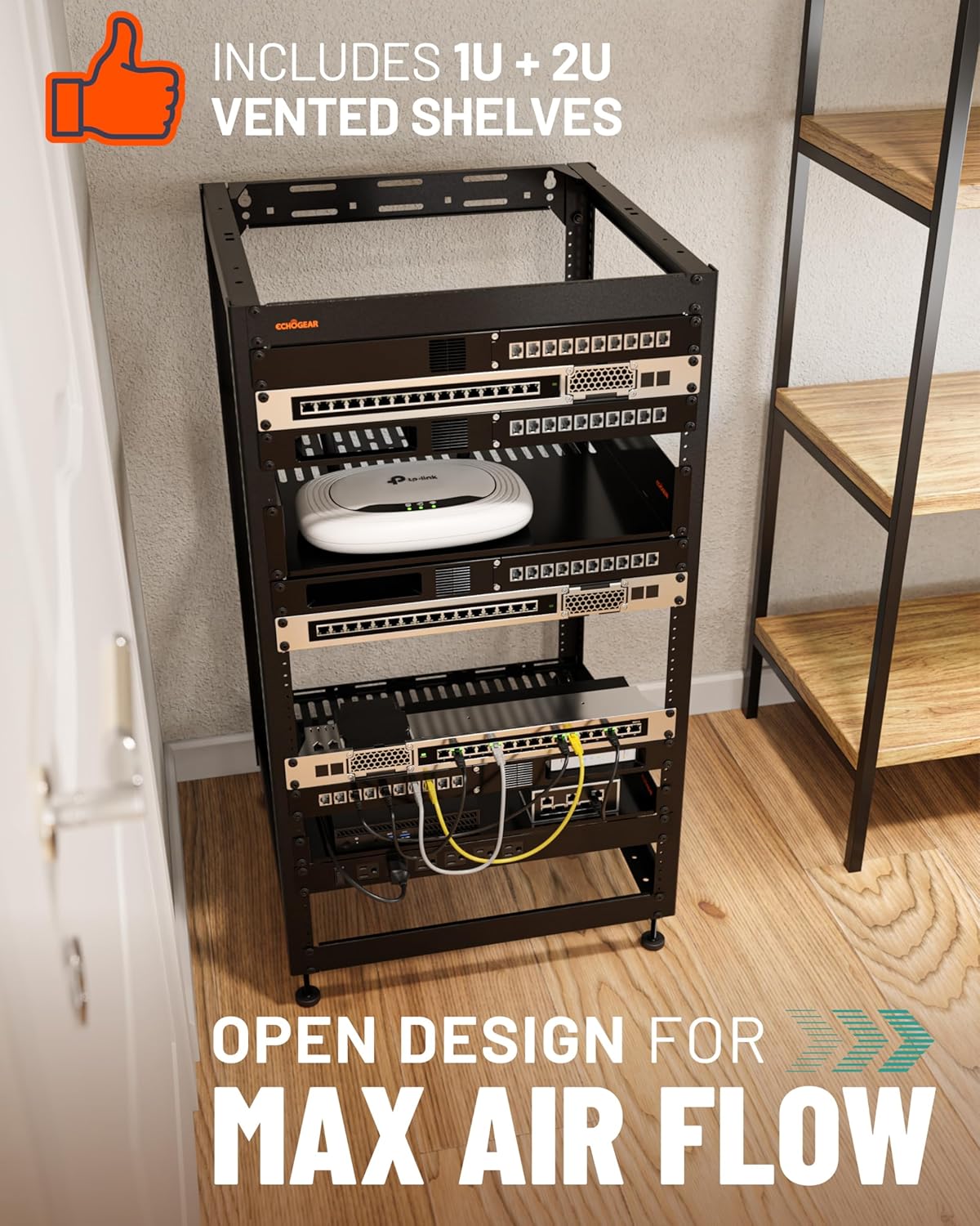 ECHOGEAR 20U Open Frame Rack w/Optimal Air Flow, DIY Assembly, 20.4” Depth - Image 3