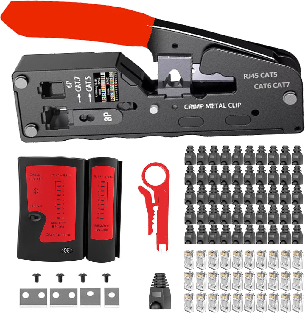 TAIWAIN CAT5 CAT6 RJ45 Crimping Tool kit Lan Cable Tester Crimper Set Network Crimper Set for Crimp CAT5 CAT6 Ethernet Wire Stripping Repair Kit 30PC Connector 50PC Cover(RED) by TAIWAIN-BRAND