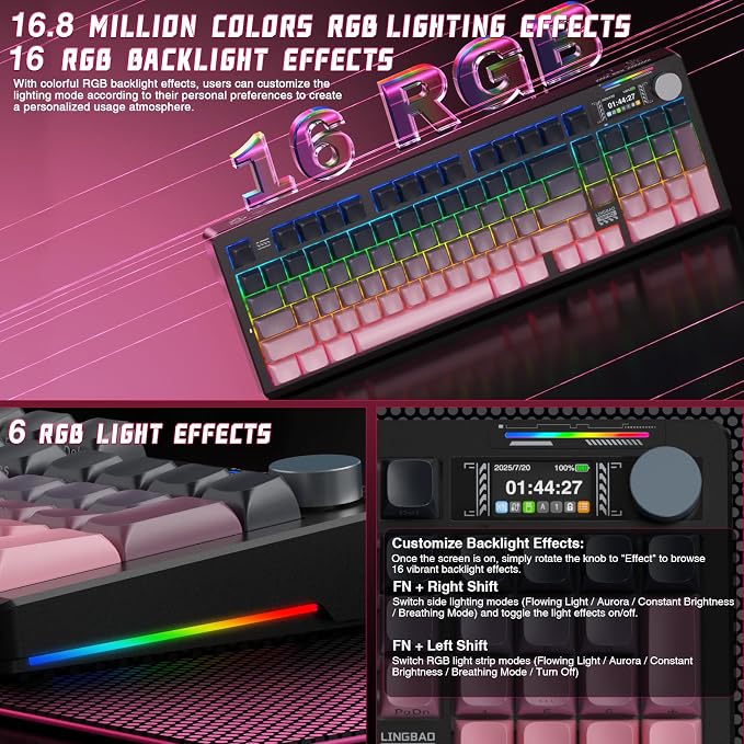 LINGBAO K98 PRO Wireless Mechanical Gaming Keyboard with Screen & Knob | Tri-Mode BT5.0/2.4G/USB-C, Gasket Mount Hot Swappable Linear Switches, RGB Backlit Creamy Sounding for PC/Mac Office& Gaming - Image 6