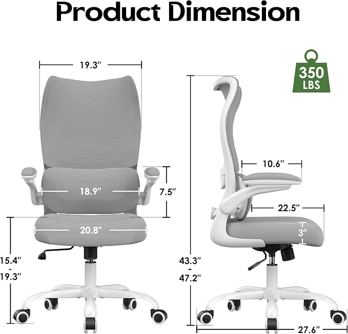 Office Chair Ergonomic Desk Chair - Comfy Mesh High Back Office Chair with Lumbar Support Wheels Home Desk Office Chairs Flip up Armrest Executive Rolling Swivel Task Work Computer Chair Grey - Image 3