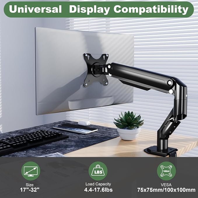 UPGRAVITY Single Monitor Mount Arm for 17" to 32" Computer Screen | Mechanical Spring Adjustable Monitor Desk Mount Stand Holds up to 17.6 lbs, C-Clamp & Grommet Base, VESA 75/100mm - Image 2