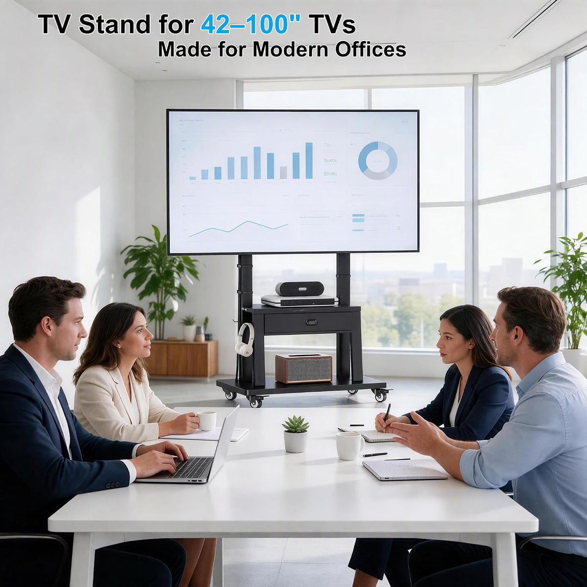 Mobile TV Stand on Wheels for 42-100 inch TVs up to 330lbs, Rolling TV Cart with Drawer & 2 Shelves, Adjustable Height, Portable TV Stand for Indoor Outdoor, Max VESA 600x900mm - Image 3