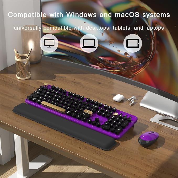 Colorful MPTOG Wireless Computer Keyboard and Mouse Combo (Black-Purple) | Retro Round Typewriter Keycaps, Power Switch, Ergonomic Design, 2.4GHz Wireless for Windows, Mac, PC - Image 3