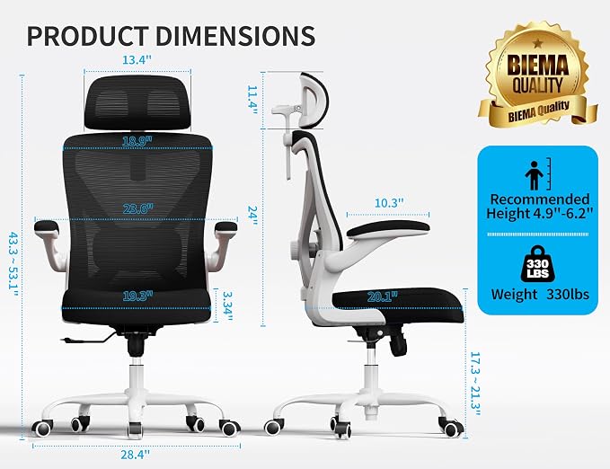 Ergonomic Office Chair: Mesh Desk Chair Comfy with Headrest& Lumbar Support | Ergalithic Big and Tall Office Chairs with Wheels & Flip-Up Arms-Computer Gaming Chairs for Adults Home Office (White Black) - Image 2