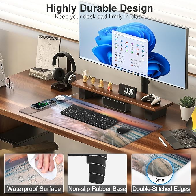 Mouse Pad with Magnetic Wireless Charging, 31.5"x15.8" in, Beach Sunset | Gaming Desk Mat for Keyboard/Laptop, Waterproof Easy Gliding Surface, Non-Slip Base, Durable Stitched Edge - Image 6