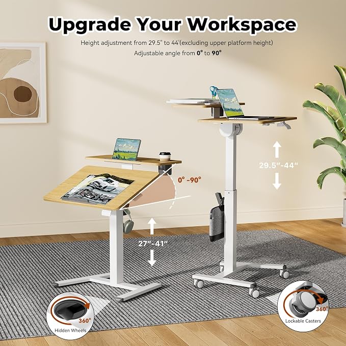 28" Mobile Standing Desk, Tiltable Top with 2-Tier Shelves, Maple | Pneumatic Rolling Desk, Adjustable Height Computer Workstation, Sit Stand Portable Drafting Table & Laptop Cart on Wheels - Image 3