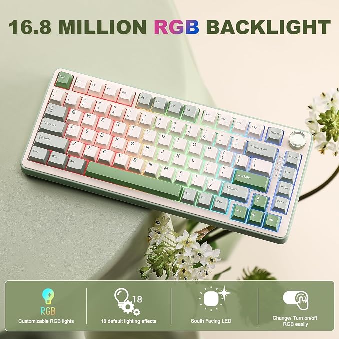 YUNZII B75 PRO 75% Wireless Mechanical Keyboard(Matcha Green,MilkV2) | Hot Swap Keyboard with Knob, Gasket Mount, Creamy Pre-lubed Switch for Smooth Typing, BT/USB-C/2.4G, for Gaming - Image 6