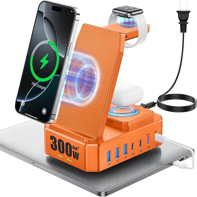 300W Charging Station for Multiple Devices Apple, Zutspzss 10 in 1 Wireless Charger for iPhone 16, GaN III USB C 65W PD Fast Charging Stand Dock for MacBook, Apple Watch&Airpods,Orange by Zutspzss