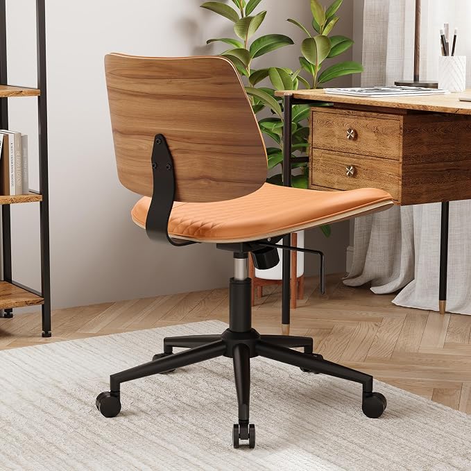 Modern Armless Office Chair with Wheels, Wide Seat Walnut, Brown | Adjustable Swivel Desk Chair with Mid Back & Tilt Function, Faux PU Leather Mid Century Modern Task Office Chair, 300LBS Cap - Image 9
