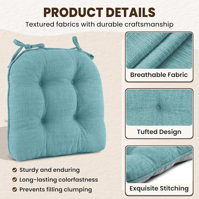 downluxe Indoor Chair Cushions for Dining Chairs, Tufted Overstuffed Textured Kitchen Chair Pads with Ties and Non-Slip Backing, 15.5" x 15.5" x 4", Aqua Blue, 4 Pack - Image 5
