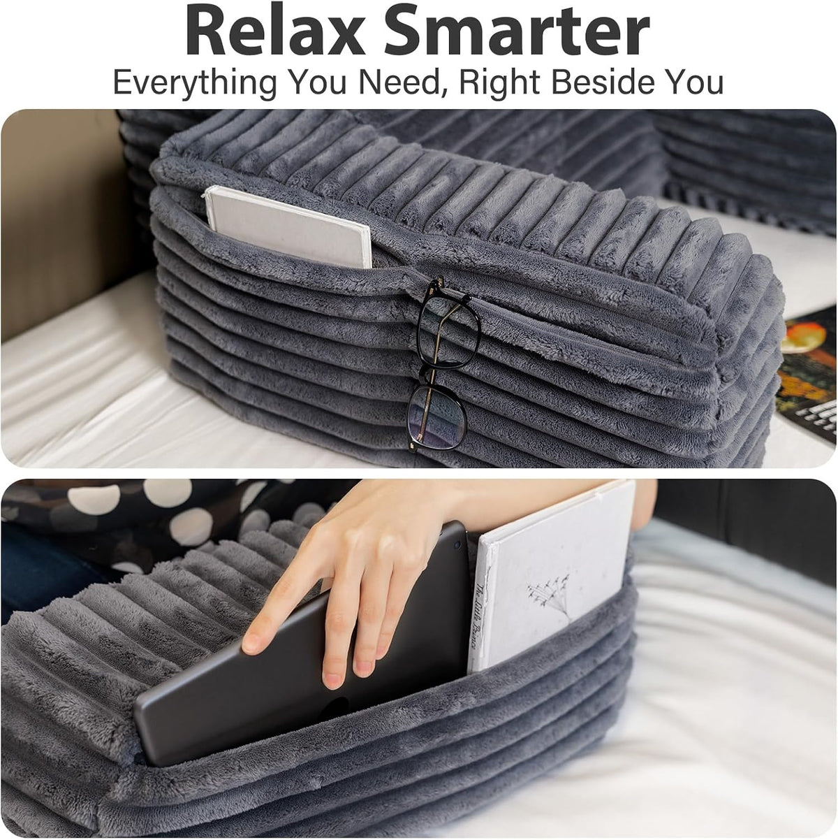 24" XXL Back Pillow for Bed Sitting Up with Armrests & Big Pockets - Image 7
