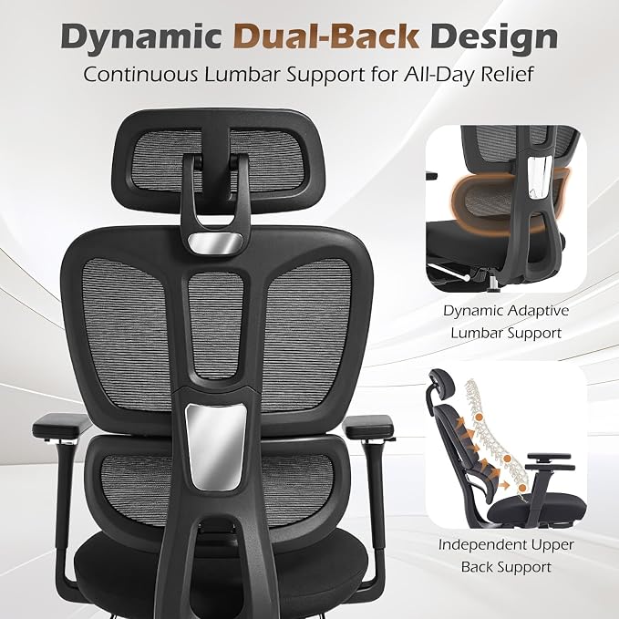 Ergonomic Office Chair with Footrest and Dynamic Lumbar Support, Black | Reclining high-back computer chair, memory foam seat, 4D armrests, 2D headrest, mesh desk chair for home office, long hours - Image 4