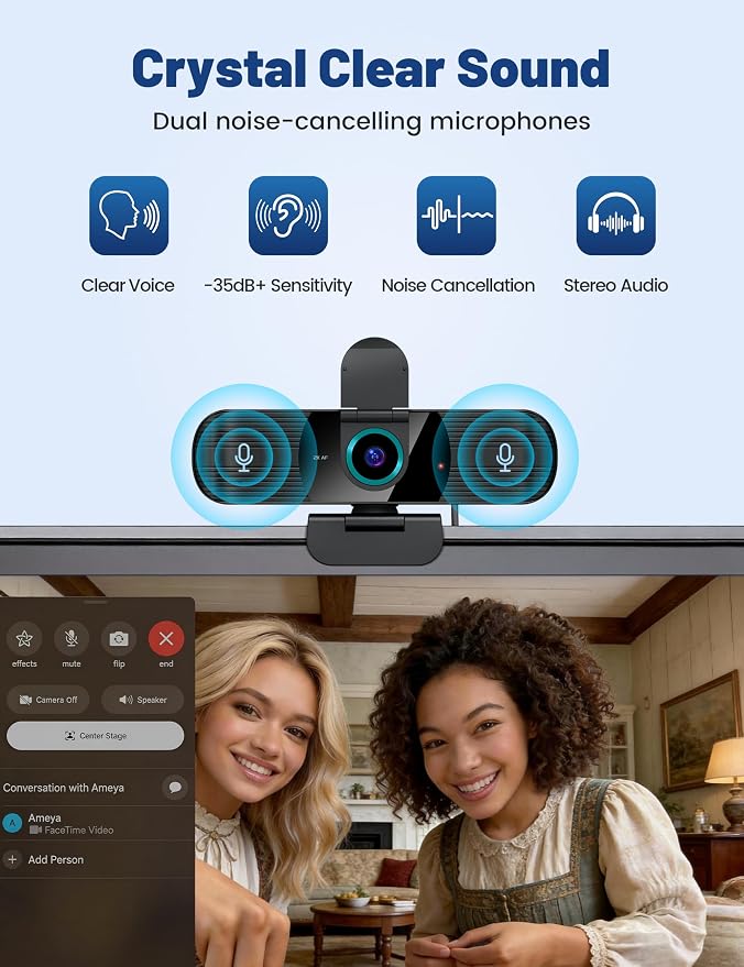 Pro QHD 2K/60fps Webcam with Tripod, External USB-C Camera for PC/Laptop | Dual noise-cancelling mics | Auto-focus | Wide-angle | Low-light correction | 360° rotation | CMOS sensor | Plug and Play - Image 4