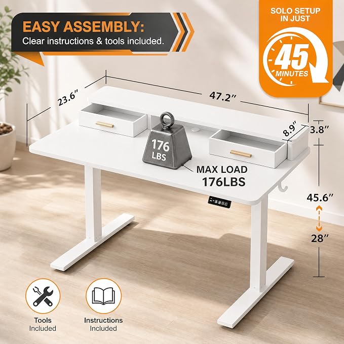 Grandder Electric Standing Desk with Two Drawers, Sit to Stand Up Height Adjustable Desk with Storage Shelf for Home Office, 47 * 24 Inch, Study, Ergonomic Adjustable Computer Desk, White - Image 2