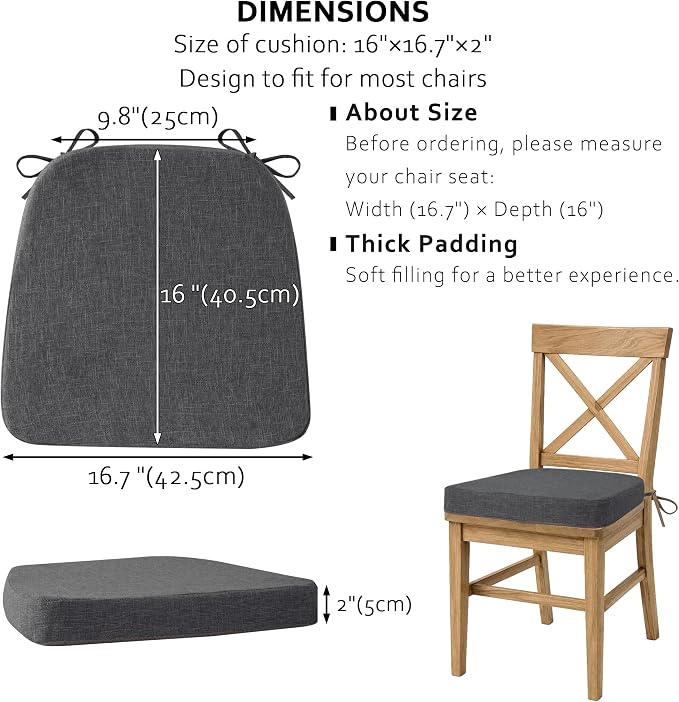 ELFJOY Non-Slip Chair Cushions for Dining Chairs Dark Grey 16.7"x16" | 4 Pack, with Ties and Washable Cover, U Shape, Breathable Fabric, for Kitchen Dining Office Folding Chairs，Comfortable - Image 2
