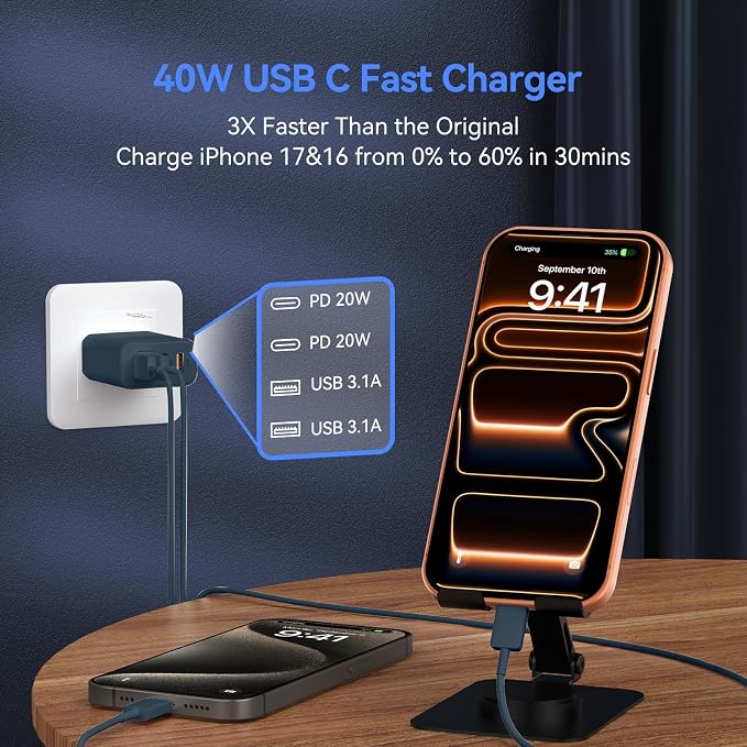 USB C Wall Fast Charger Block, 40W 4-Port Type C Charger Fast Charging Blocks PD Power Charger Adapter+QC 3.0 USB Multiport Charger Brick for Phone 17/16/15/14/13/12 Pro Max, Pad, GalaxyS25-Navy Blue - Image 2