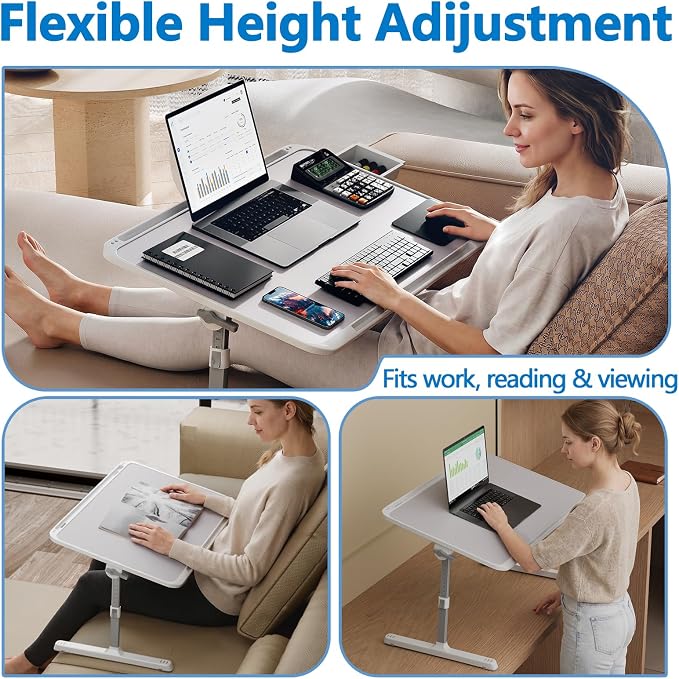 Potuopy Adjustable Lap Desk, Large Smooth Easy-Clean Wood Grain Desktop, Foldable Laptop Bed Tray Table with Storage Drawer, Portable Laptop Stand Fits 17" Laptop for Bed Couch Floor (Grey) - Image 7